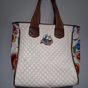Consuela Quilted White Tote with Floral Sides damech On Debaro
